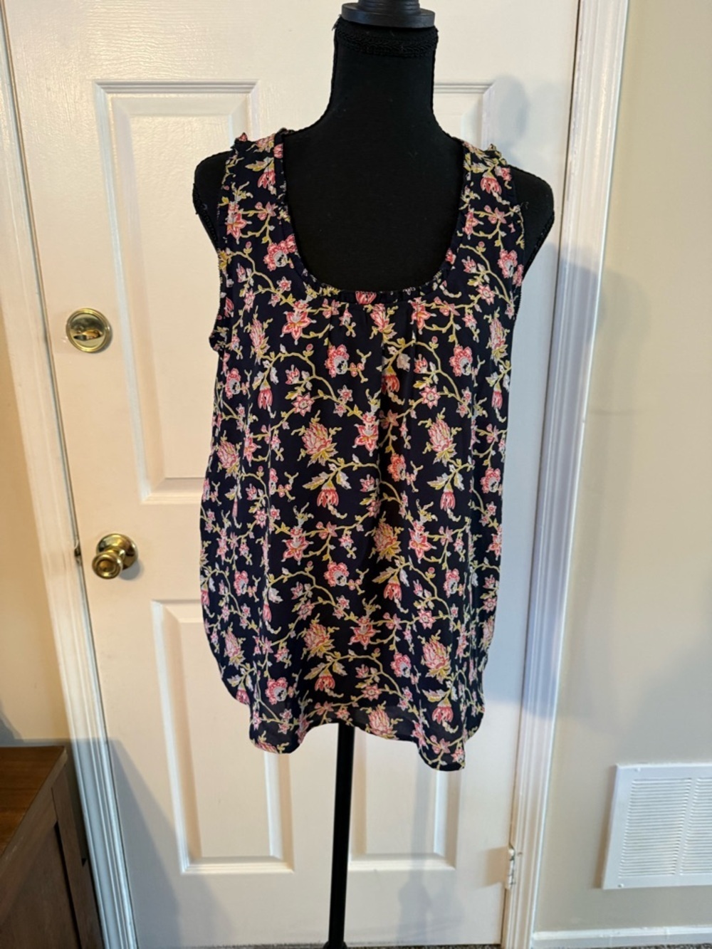 LOFT Black Floral Scoop Neck Tank with Pink & Green Accents